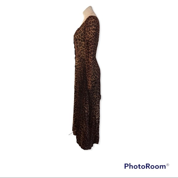 Vintage 90s Womens Maxi Dress Long Sleeve Sheer Leopard Print Brown Tan Small - Picture 5 of 9